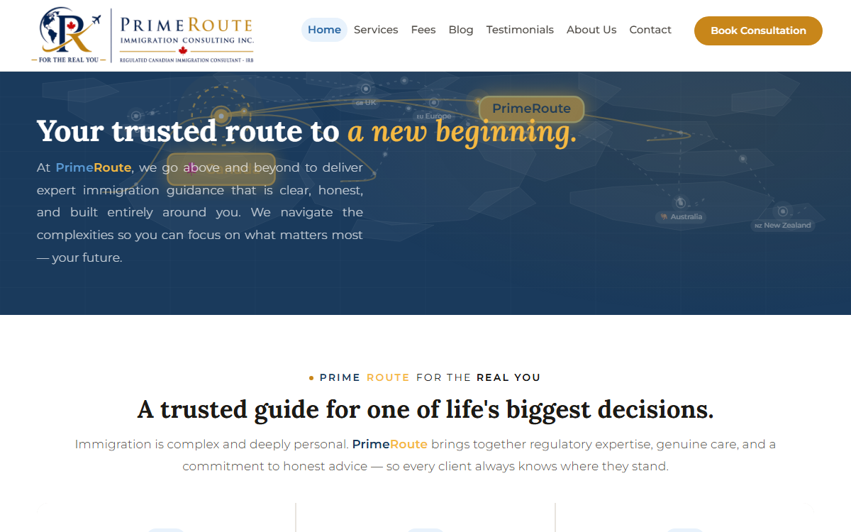 Prime Route Immigration corporate website by SaazanTech